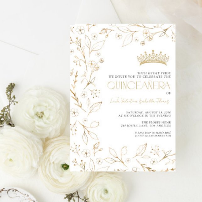Invitation Rose d'or blanc moderne Floral Tiara Quinceañera (Créateur téléchargé)