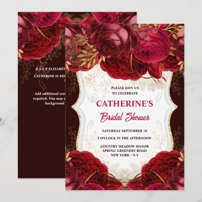 Invitation Rose d'or bordeaux aquarelle nuptiale douche chic (Devant / Derrière)