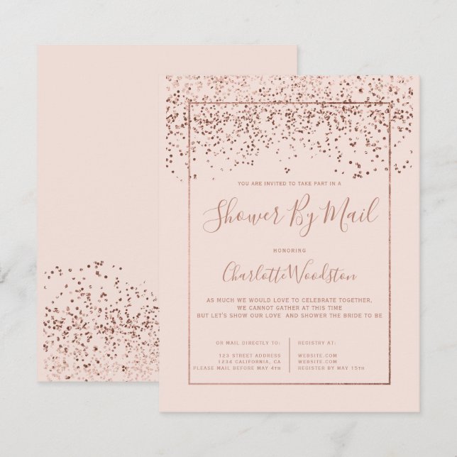 Invitation Rose d'or confetti blush nuptiale douche par la po (Devant / Derrière)