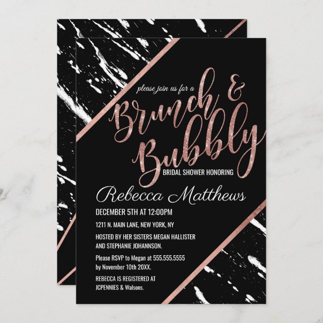 Invitation Rose d'or en marbre blanc noir moderne (Devant / Derrière)