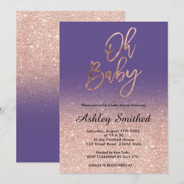 Invitation Rose d'or faux parties scintillant violet ombre Oh (Devant / Derrière)