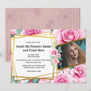 Invitation rose d'or, fête d'été aux fleurs géométriques