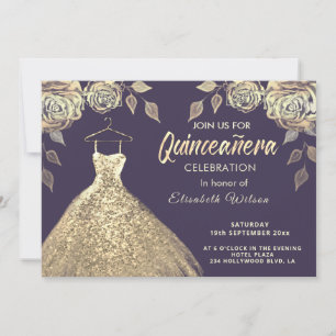 Invitation Rose d'or paillettes robe or Quinceañera