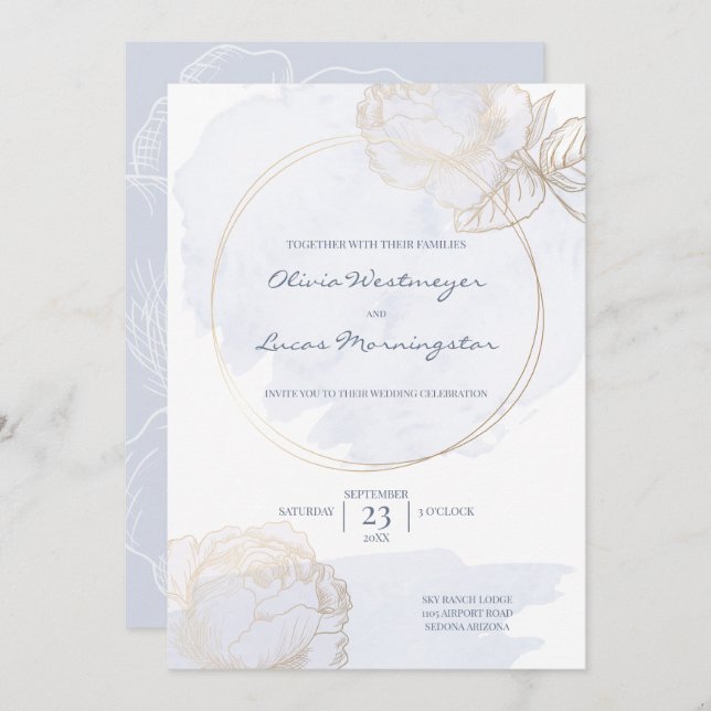 Invitation Rose doré Dusty Blue Aquarelle Mariage (Devant / Derrière)
