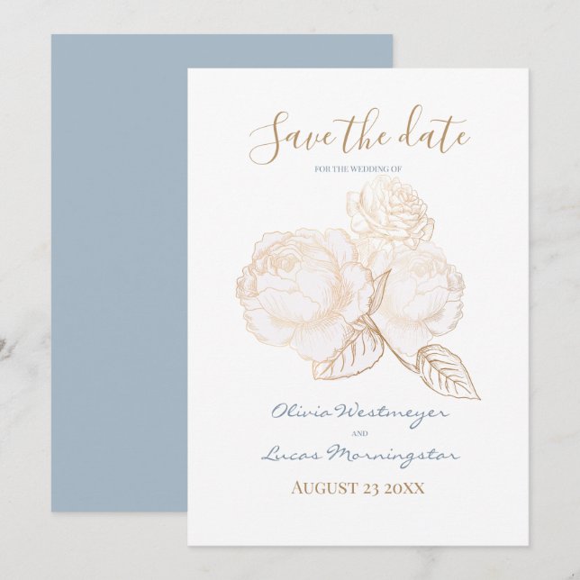 Invitation Rose doré Dusty Blue Ivory Enregistrer la date (Devant / Derrière)