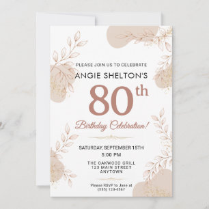 Invitation Rose Dorée Élégante Botanique 80 Ans Anniversaire