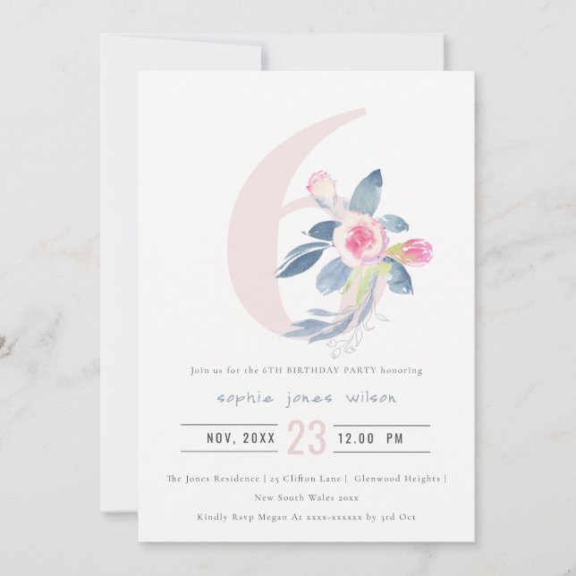 INVITATION ROSE DOUCE BLEU BLEU FLORAL 6E TOUT ÂGE ANNIVERSAI (Devant)