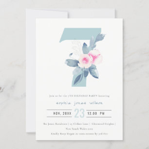 INVITATION ROSE DOUCE BLEU BLEU FLORAL 7E TOUT ÂGE ANNIVERSAI