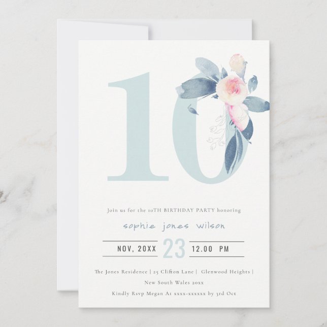 INVITATION ROSE DOUX BLEU BLEU FLORAL 10E TOUT ÂGE ANNIVERSAI (Devant)