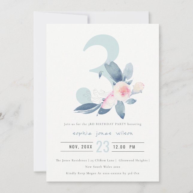 INVITATION ROSE DOUX BLEU BLEU FLORAL 3E TOUT ÂGE ANNIVERSAIR (Devant)