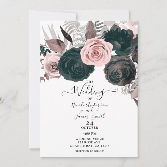 Invitation Rose doux et noir Flore vert Mariage blanc (Devant)