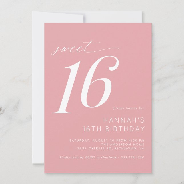 Invitation Rose doux | Girly Simple Sweet 16 Anniversaire (Devant)