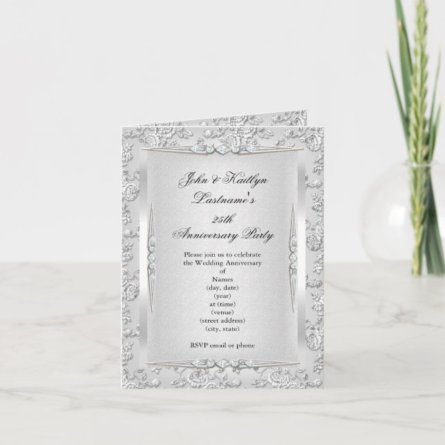 Invitation rose du 25e anniversaire Damask Silver White 2 (Devant)