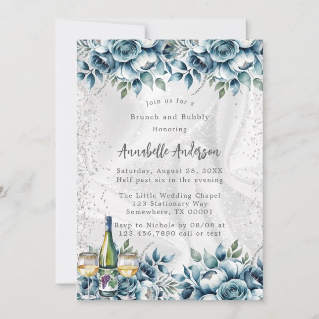 Invitation Rose Dusty Blue Silver Brunch et Bubbly (Devant)