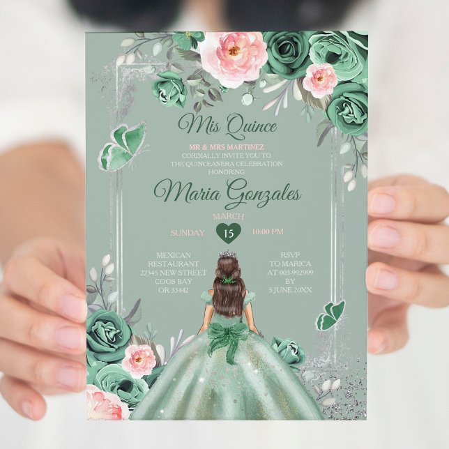 Invitation Rose Dusty Green Silver Mis Quince 15 Anos (Créateur téléchargé)