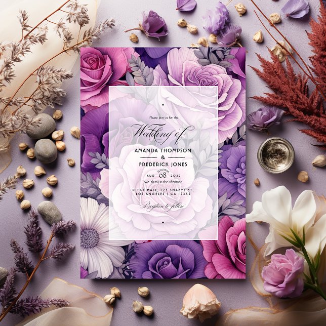 Invitation Rose Dusty, Lavande et mariage floral argenté (Créateur téléchargé)