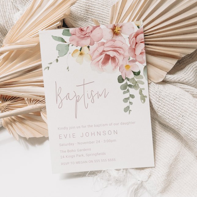Invitation Rose Dusty & Sage Floral Baptême (Créateur téléchargé)