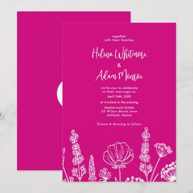 Invitation Rose | Élégant Fleur sauvage Wekdding (Devant / Derrière)