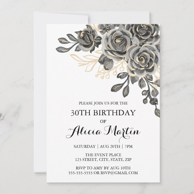 Invitation Rose élégant Flora Black & Gold Anniversaire (Devant)