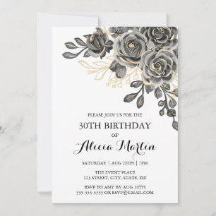 Invitation Rose élégant Flora Black & Gold Anniversaire