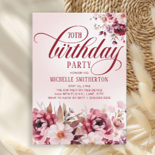 Invitation Rose Élégant Floral Bourgogne Chic 70e Anniversair