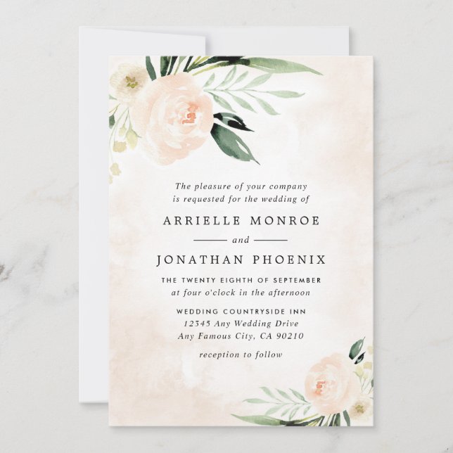 Invitation Rose Élégant Floral Champagne Mariage de Jardin (Devant)