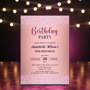 Invitation Rose Élégante Pailletée Métallisé Rose 39e Anniver