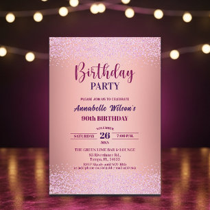 Invitation Rose Élégante Pailletée Métallisée Rose 90ème Anni