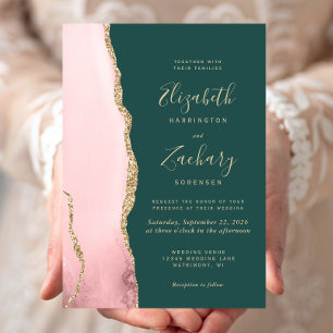 Invitation Rose Émeraude Vert Mariage Or Agate