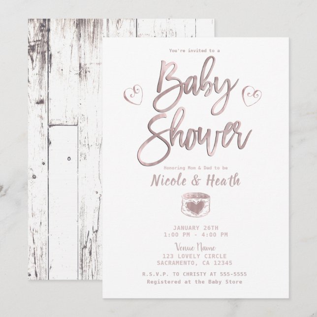 Invitation Rose en bois blanc rustique Baby shower rose or (Devant / Derrière)