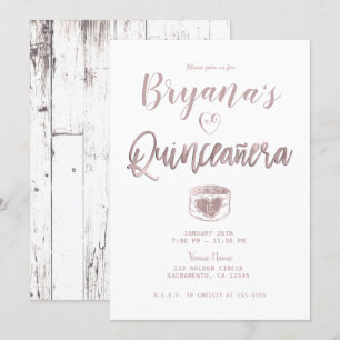 Invitation Rose en bois blanc rustique rose or 15 Quinceañera