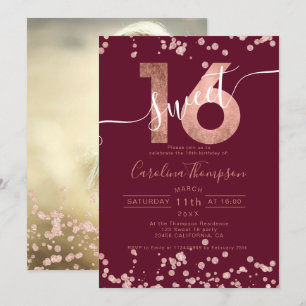 Invitation Rose en feuille d'or confetti rouge Sweet 16 photo