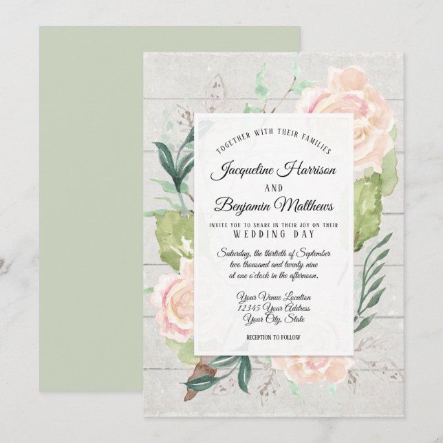 Invitation Rose en ivoire floral en bois de fleurs russes (Devant / Derrière)