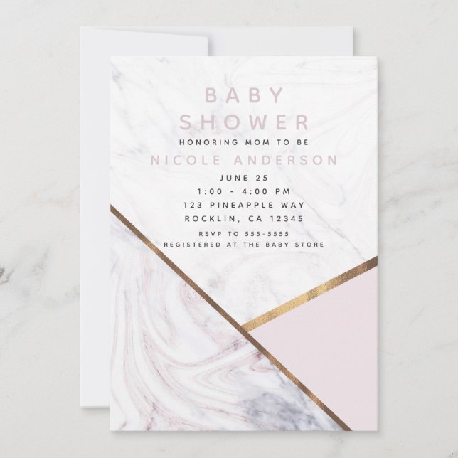 Invitation Rose en marbre or tourbillon Baby shower rose pâle (Devant)