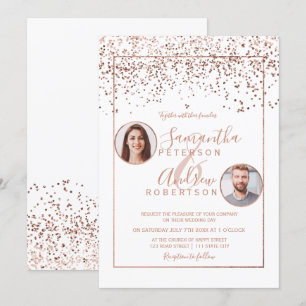 Invitation Rose en or confetti blanc cercle photo mariage