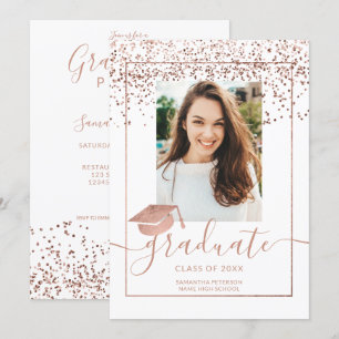 Invitation Rose en or confetti blanc typographie graduation