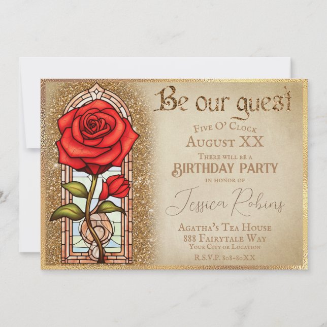 Invitation Rose en verre tendu Beauté et thème de la bête (Devant)
