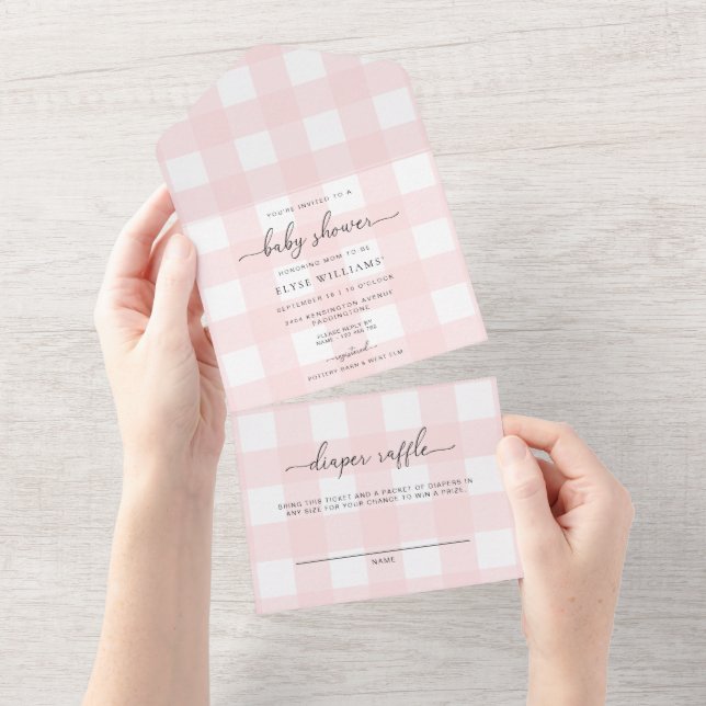 Invitation rose En vichy tous en un baby shower (Déchirure)
