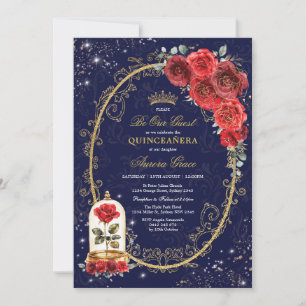 Invitation Rose enchanté Quinceañera Marine Rouge Or Annivers