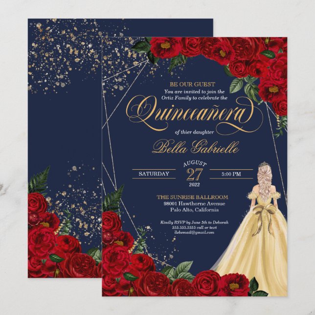 Invitation Rose enchanté Rouge & Or Fairytale Quinceañera (Devant / Derrière)