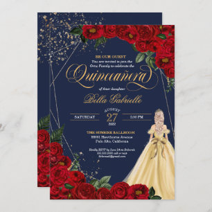 Invitation Rose enchanté Rouge & Or Fairytale Quinceañera