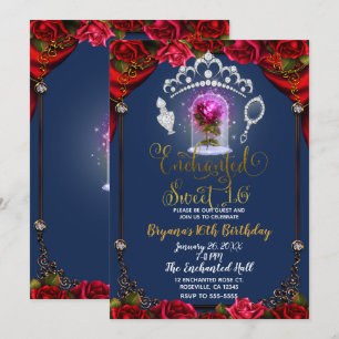 Invitation Rose Enchantée Beauté Sweet 16 Fête Bleu Or