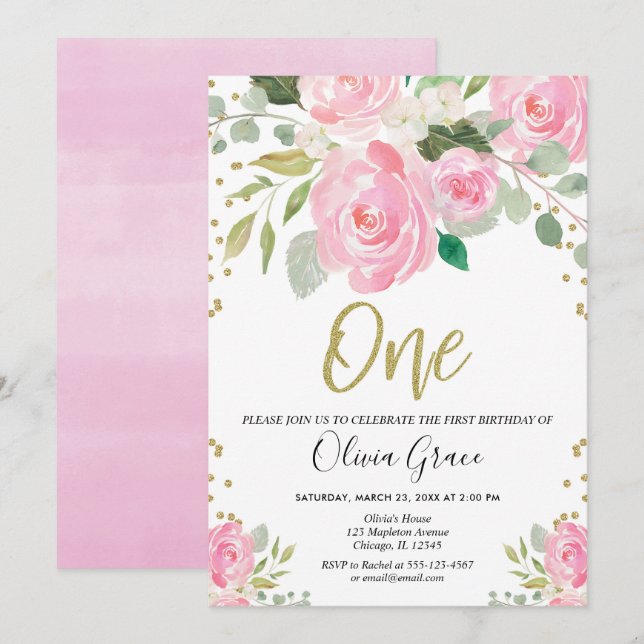 Invitation rose et anniversaire floral de fille de ęr (Devant / Derrière)