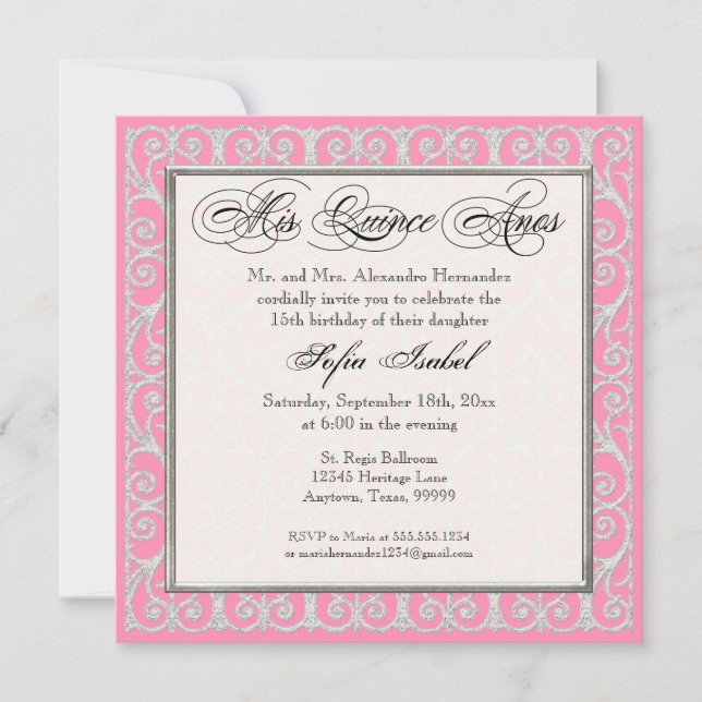 Invitation Rose et argent, diamants et dentelle, coing Anos (Devant)