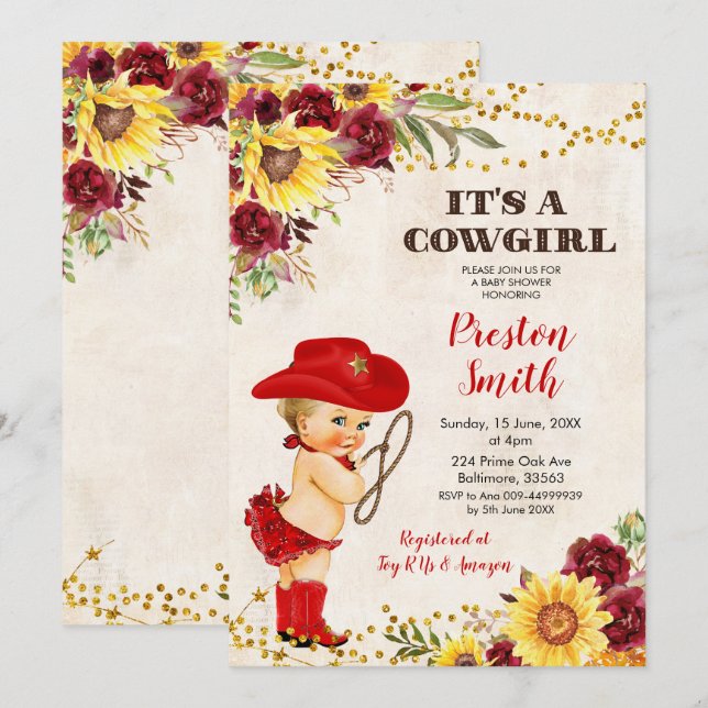 Invitation Rose et Baby shower de tournesol à bille rouge (Devant / Derrière)