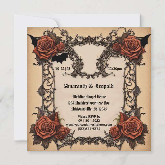 Invitation Rose et Batwing Lattice Goth Halloween Mariage (Devant)