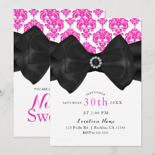 Invitation Rose et blanc damassé Nœud noir glamour fête Sweet