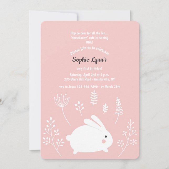 Invitation rose et blanche de lapin de bébé (Devant)