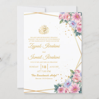 Invitation Rose et bleu Floral Or islamique Mariage musulman