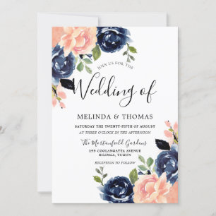 Invitation Rose et bleu marine Fleurs Mariage moderne